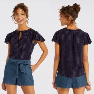 Draper James Navy Red Floral Flutter Sleeve Tie Neck Blouse Top Size Small